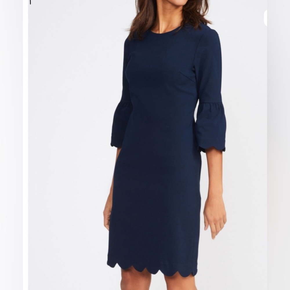 J.McLaughlin “Elle” Navy 3/4 Bell Sleeve Dress Scalloped Hem - Picture 4 of 11